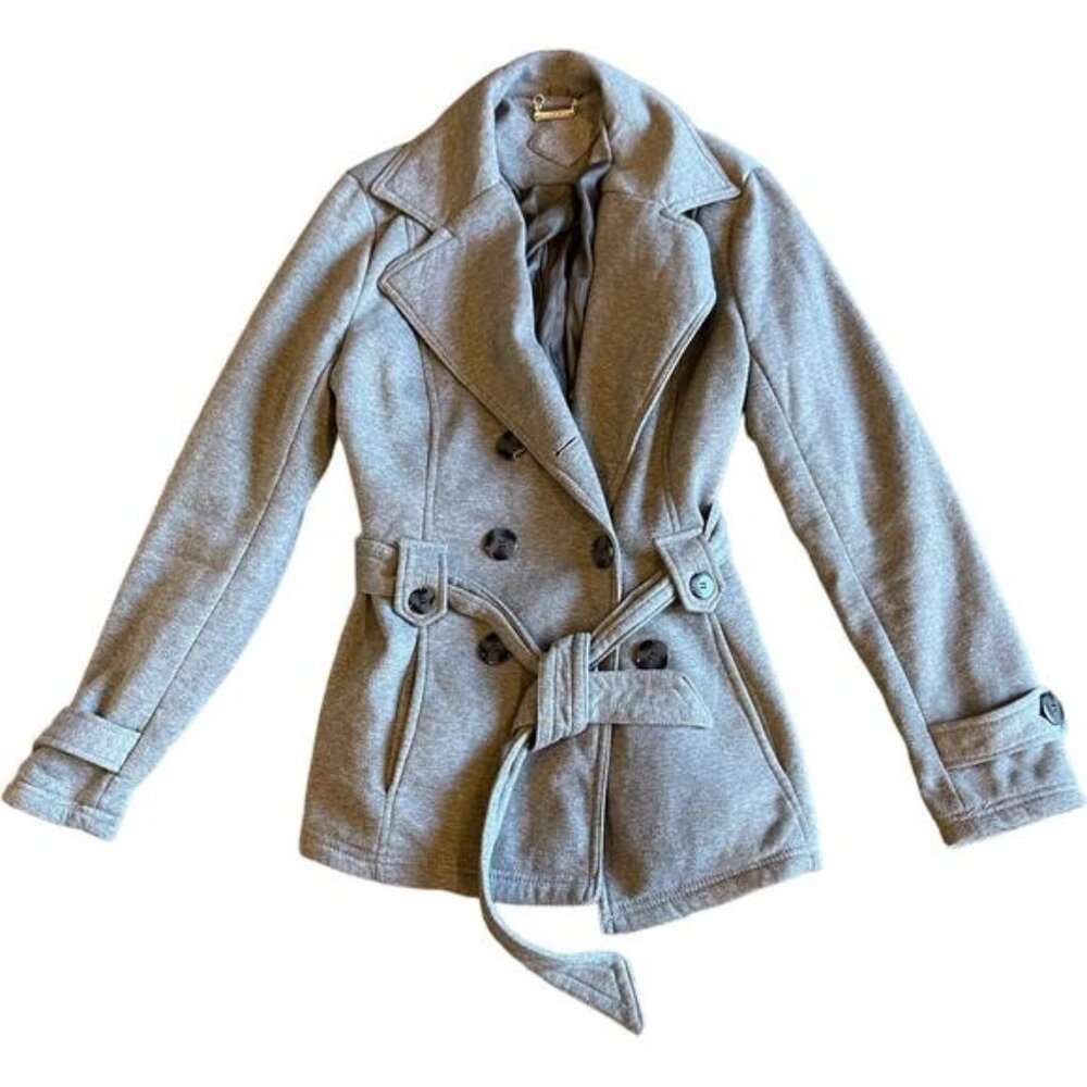 Jou Jou Heather Gray Double Breasted Belted Pea Coat Jacket Coquette Large
